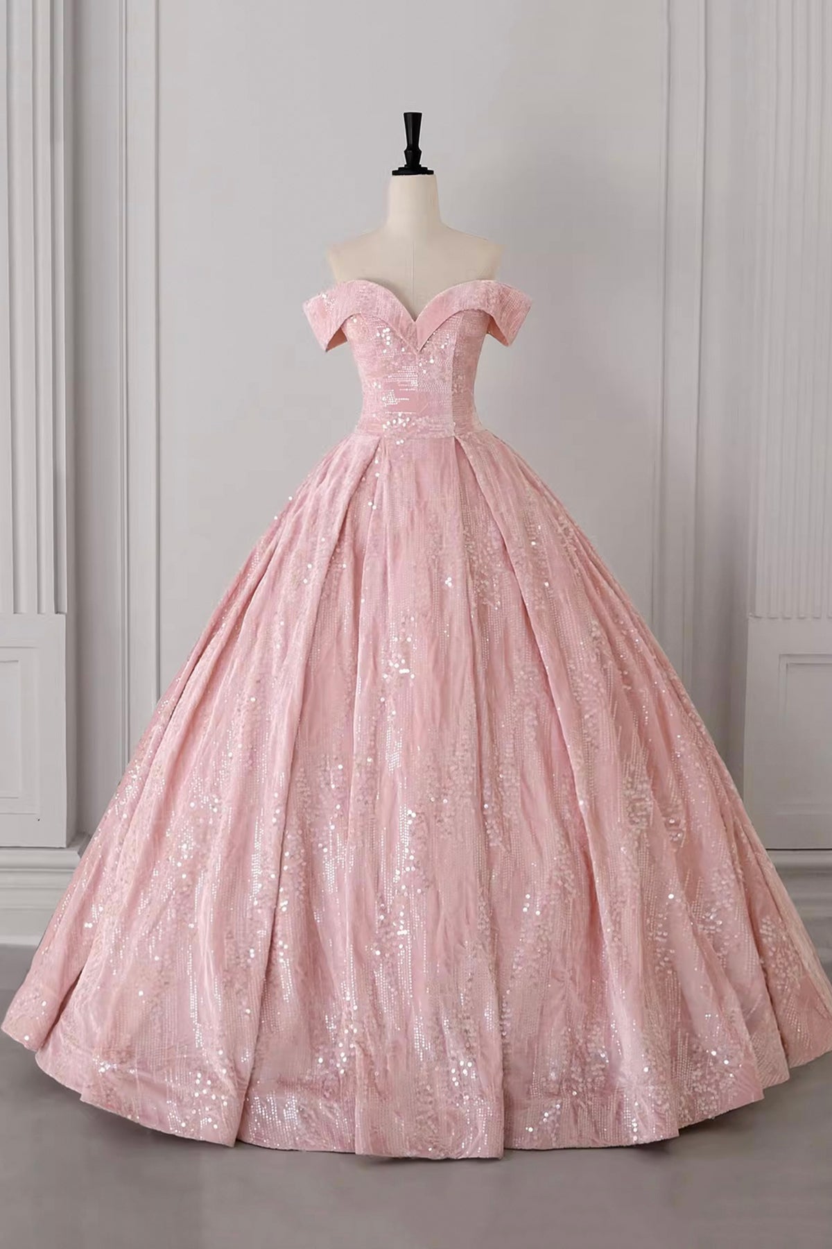 Elegant Pink Off-the-Shoulder Sequin Ball Gown for Formal Events