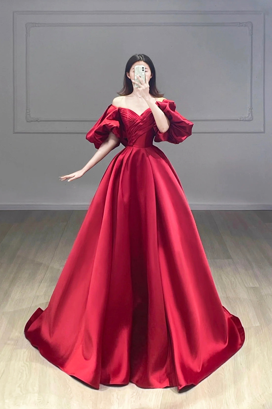 Burgundy Puffy Short Sleeve Satin Prom Dress, Burgundy V-Neck A-Line E Burgundy Puffy Short Sleeve Satin Prom Dress, Burgundy V-Neck A-Line E