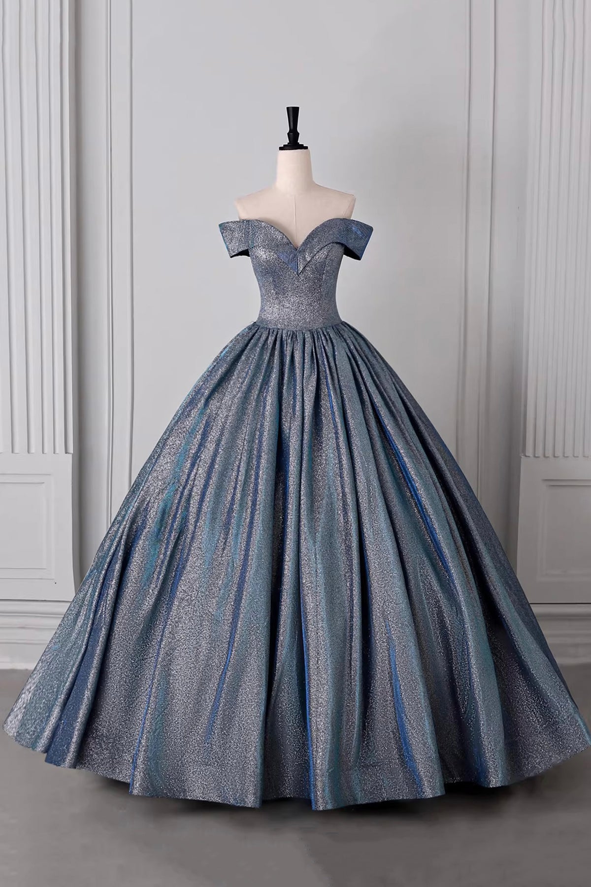 Luxury Iridescent Blue Silver Glitter Off-the-Shoulder Evening Dress, Floor-Length Ball Gown