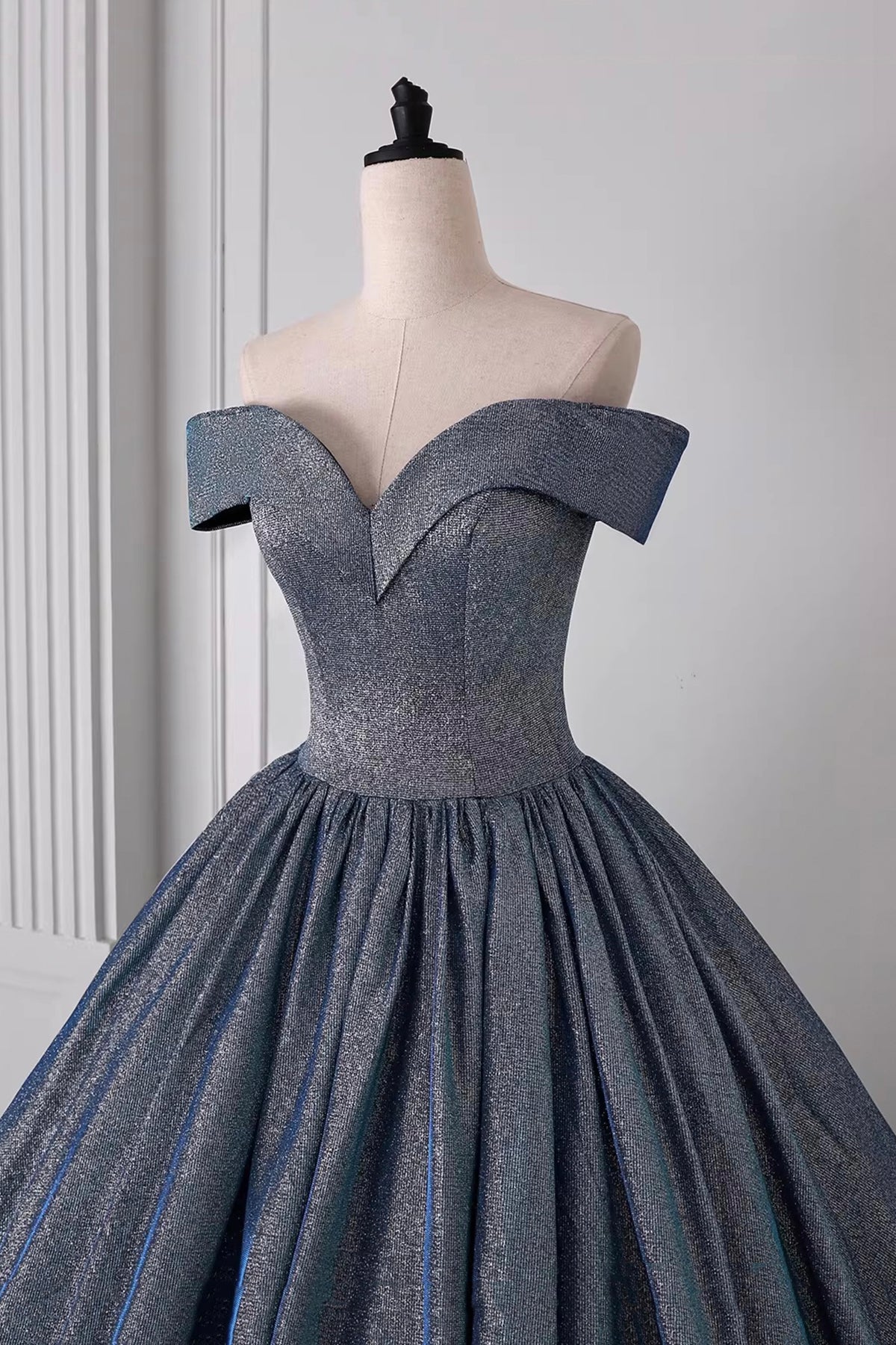 Luxury Iridescent Blue Silver Glitter Off-the-Shoulder Evening Dress, Floor-Length Ball Gown