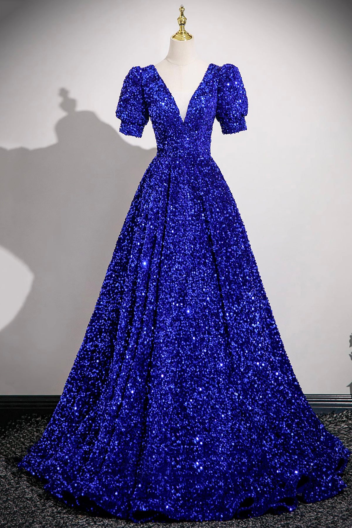 Blue V-Neck Sequins Long Prom Dress, Blue A-Line Short Sleeve Party Dress