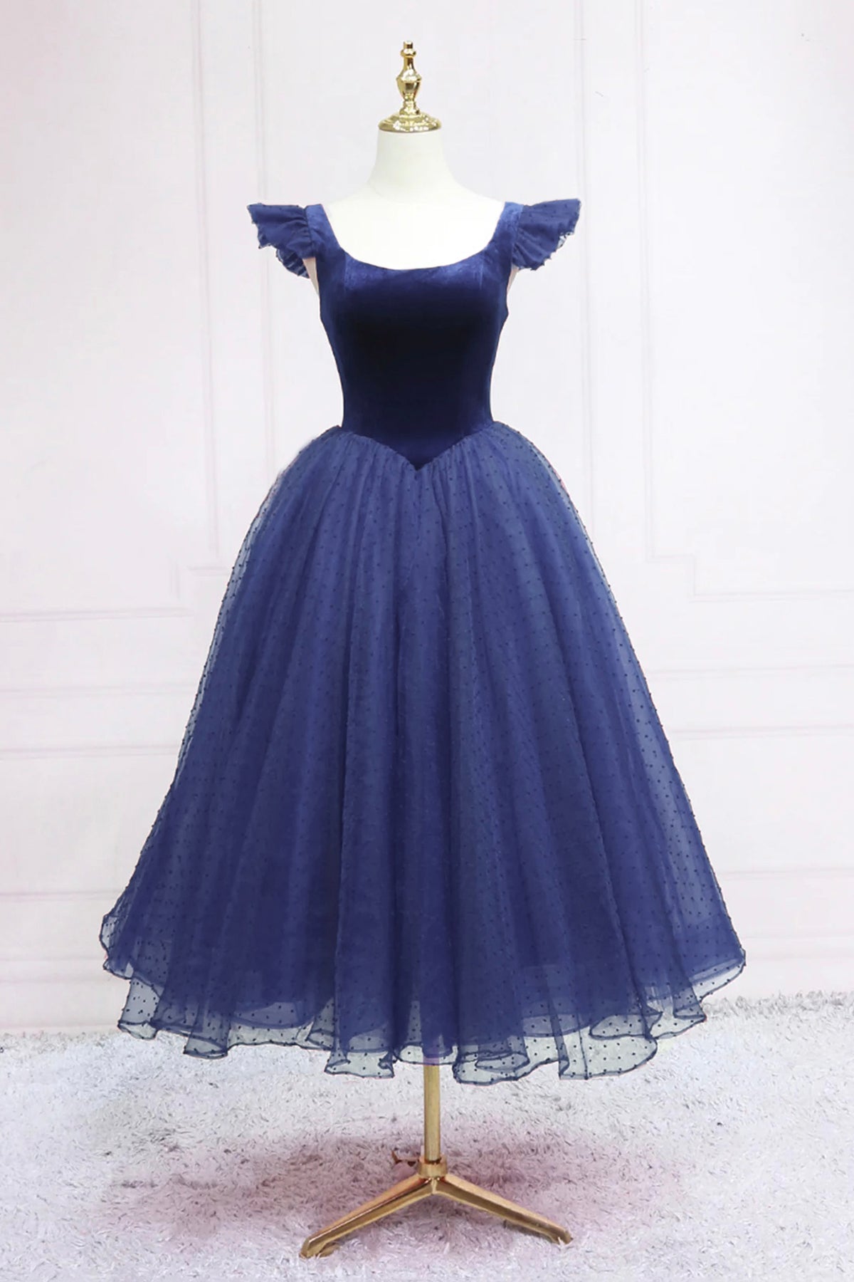 Navy Velvet and Tulle Tea Length Prom Dress, A-Line Party Dress