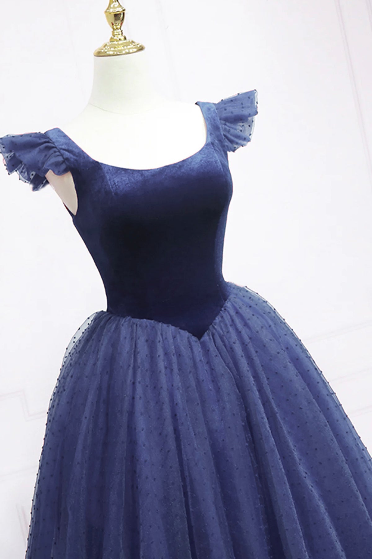 Navy Velvet and Tulle Tea Length Prom Dress, A-Line Party Dress