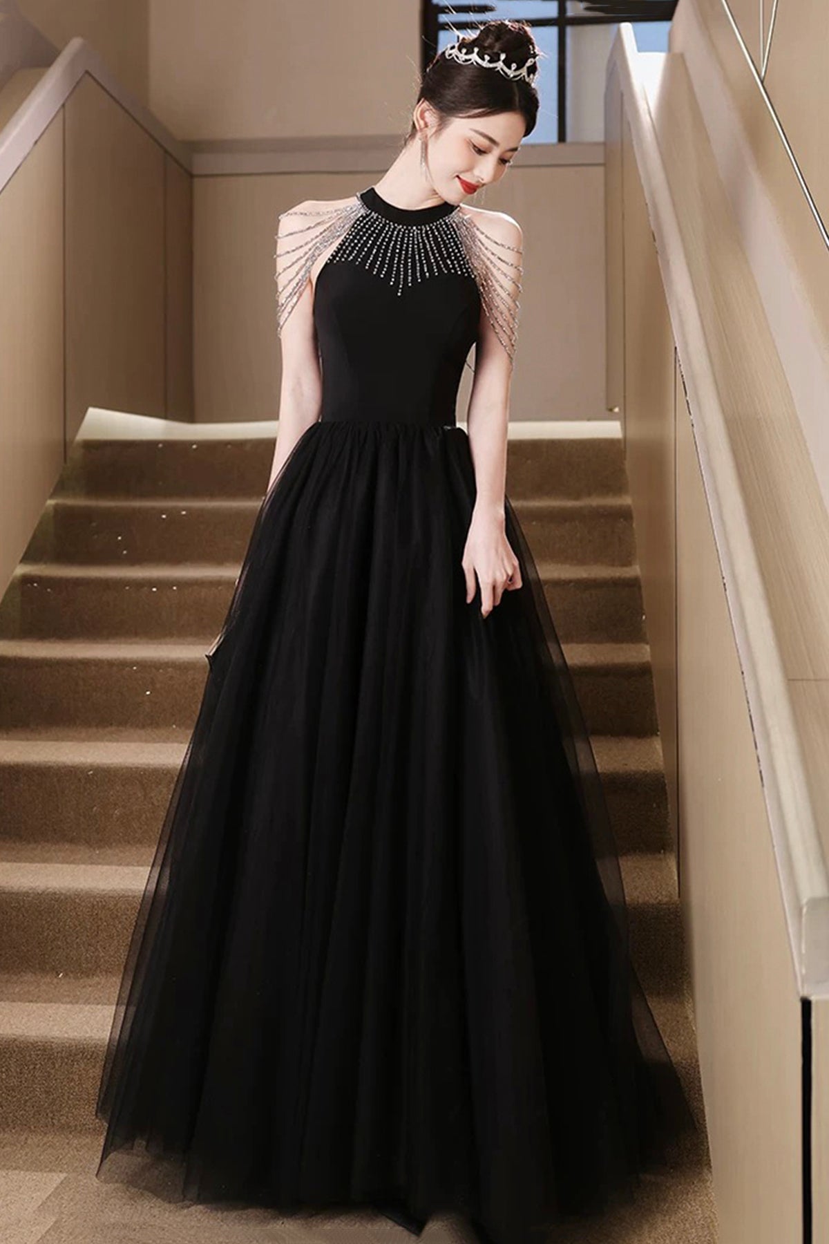 Black Tulle Long Prom Dress, Beautiful Black A-Line Evening Party Dress