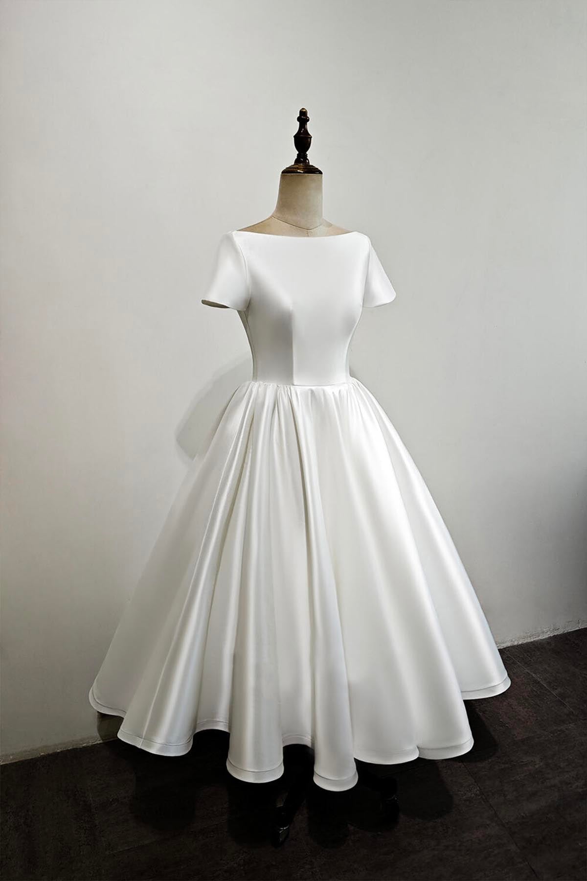 White Satin Short Party Gown, Elegant A-Line Short Sleeve Prom Evening Dress