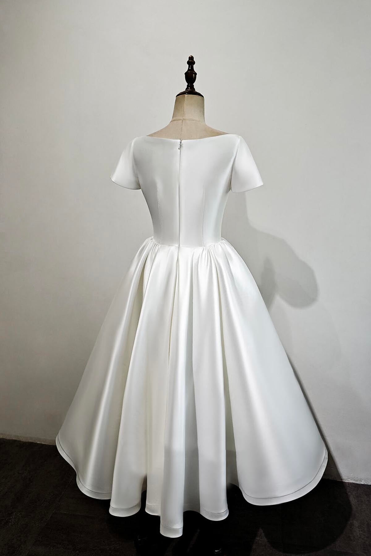 White Satin Short Party Gown, Elegant A-Line Short Sleeve Prom Evening Dress