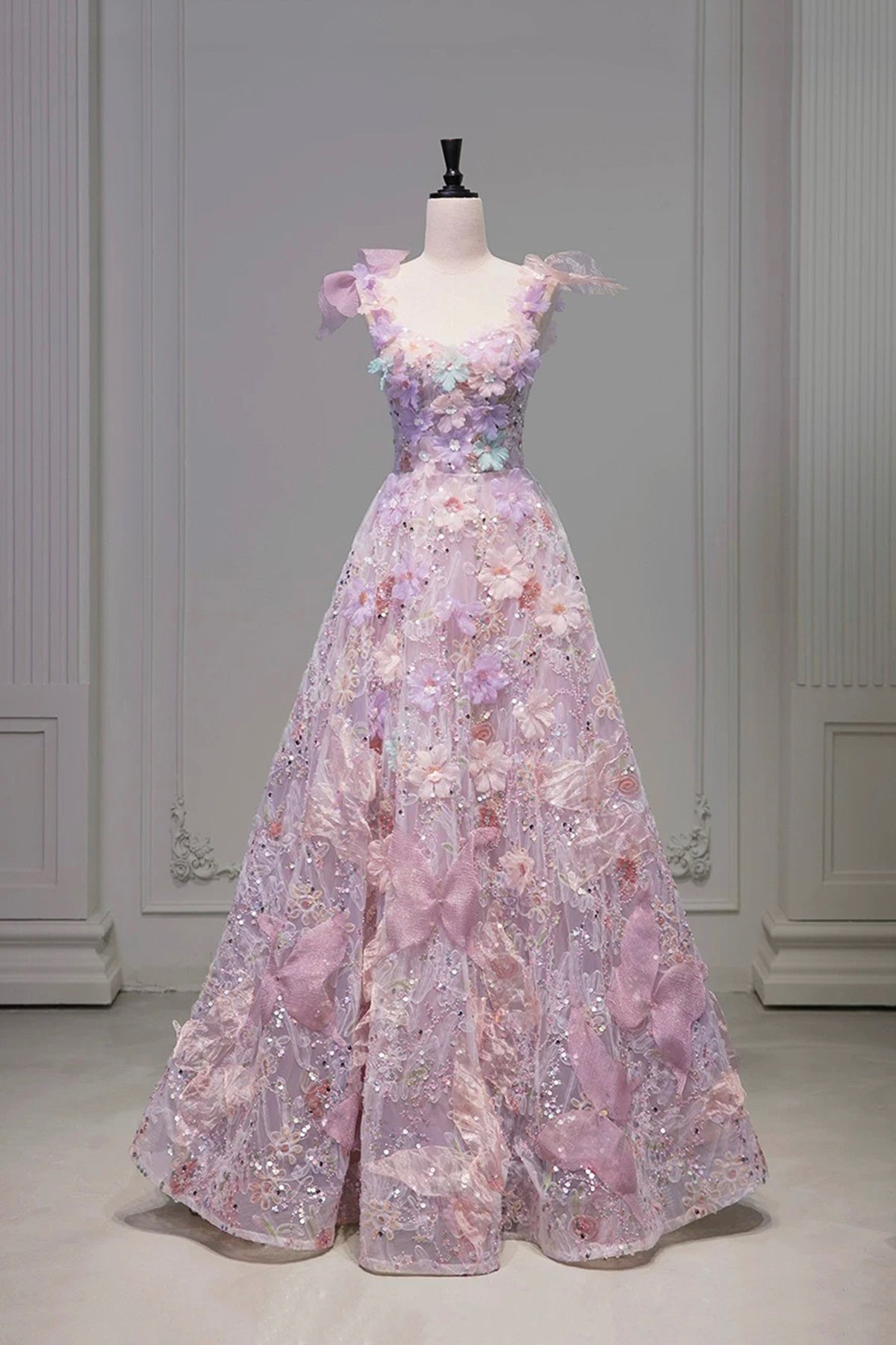 Lavender 3D Floral Butterfly Tulle Ball Gown – Sweetheart Neck Prom Dress