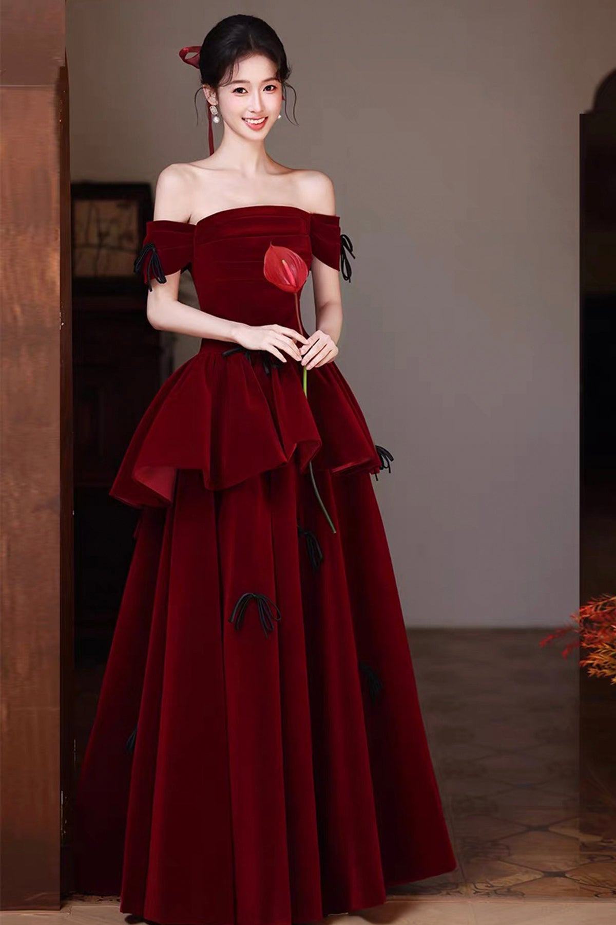 Burgundy Off-Shoulder Velvet Ball Gown, A-Line Tiered Ruffle Prom Dress