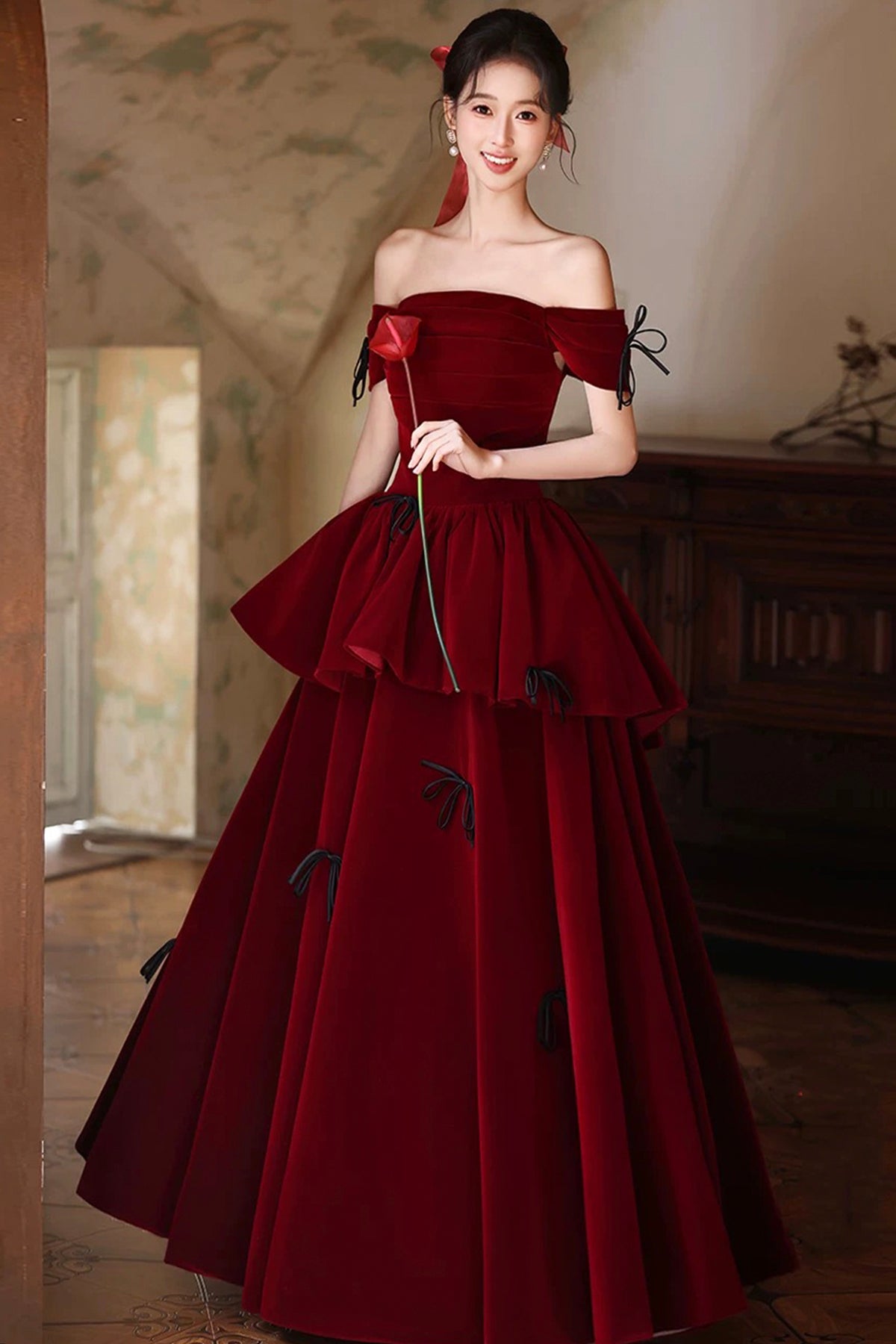 Burgundy Off-Shoulder Velvet Ball Gown, A-Line Tiered Ruffle Prom Dress