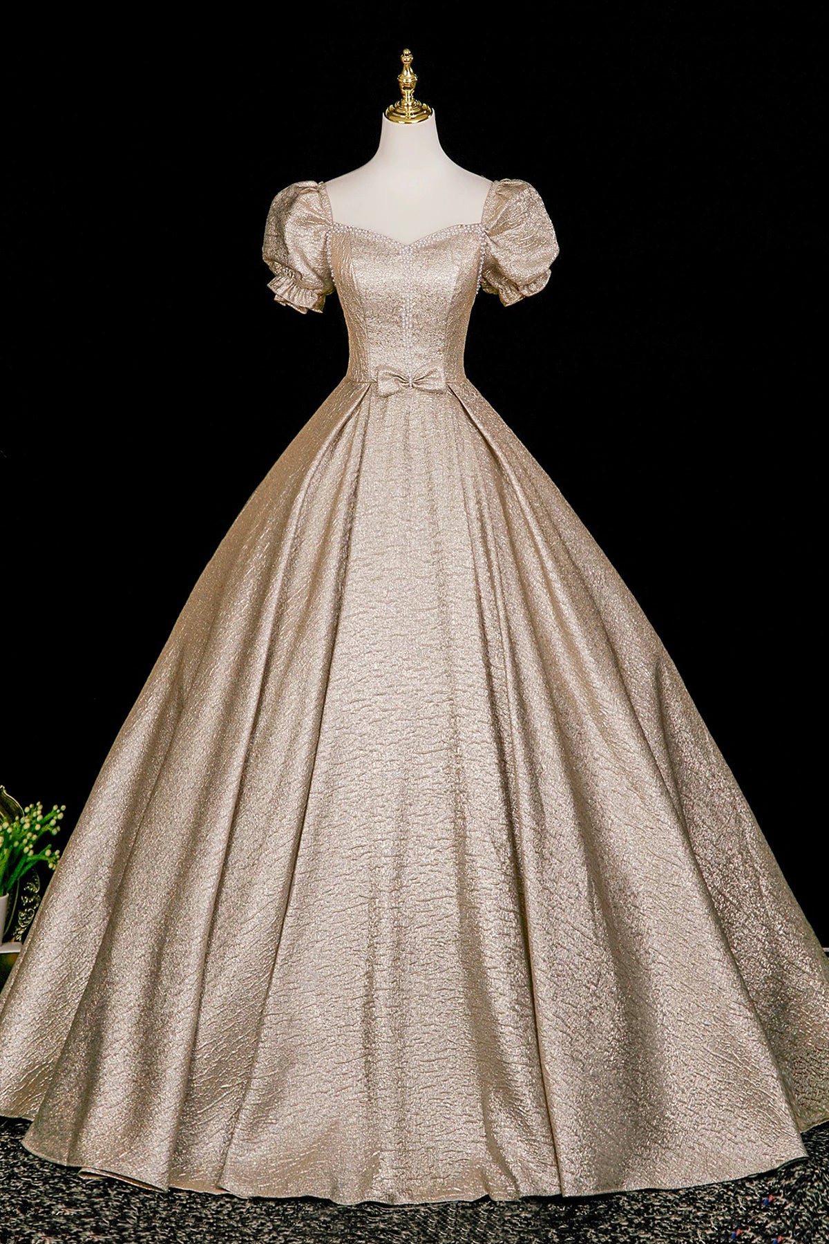 Elegant Gold Ball Gown Prom Dress, A-Line Short Sleeve Evening Party Dress