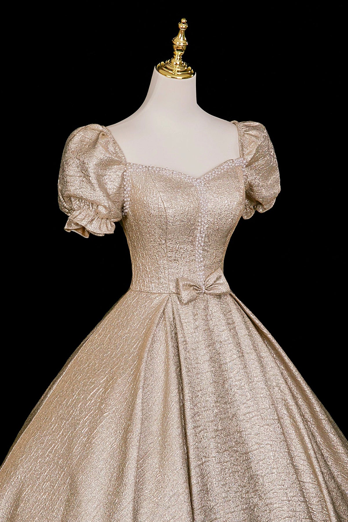 Elegant Gold Ball Gown Prom Dress, A-Line Short Sleeve Evening Party Dress