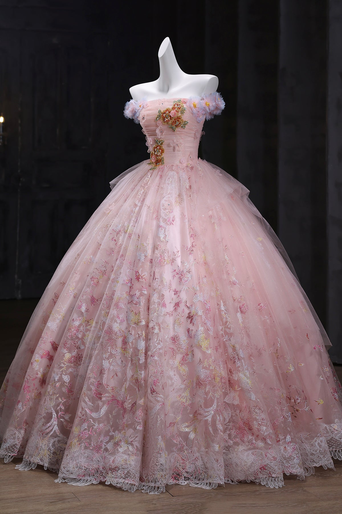 Pink Floral Tulle Long Prom Dress, Pink A-Line Evening Party Dress