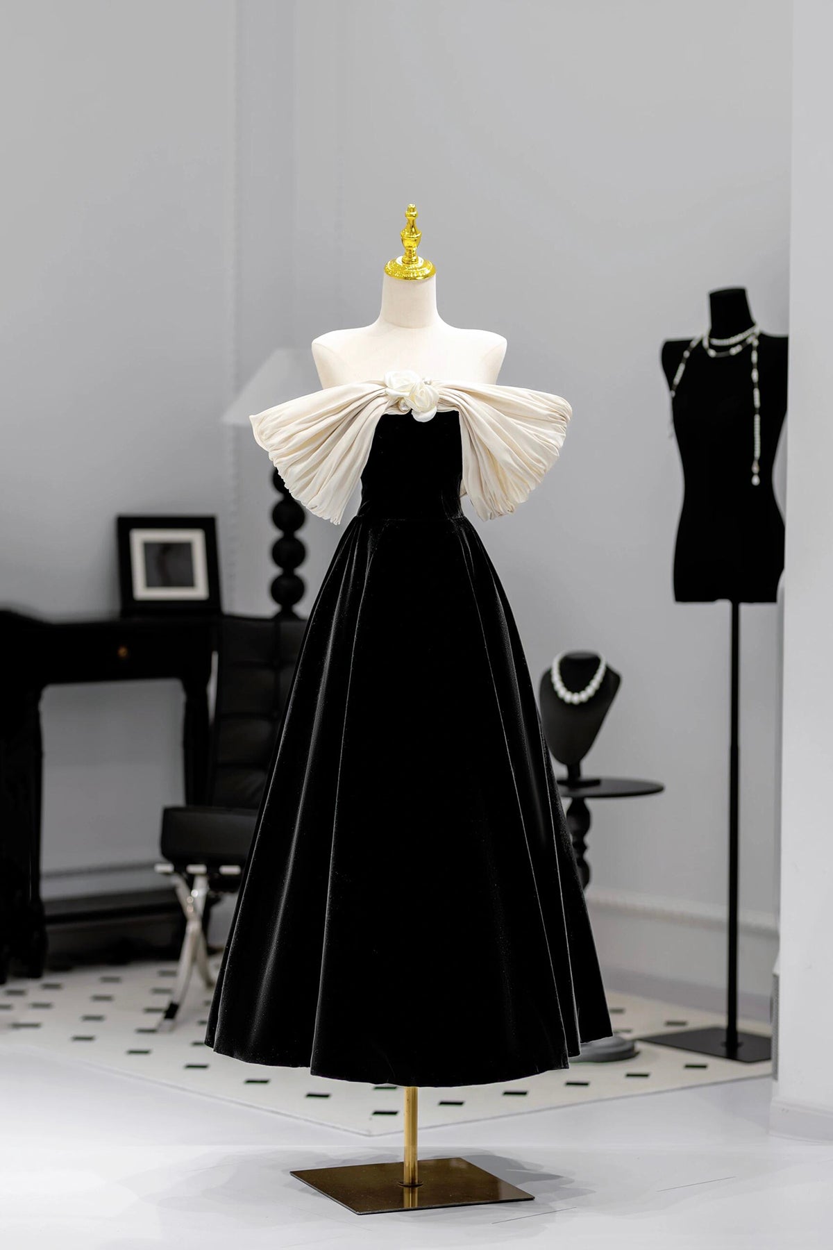 black tea party dress White and Black Velvet Tea Length Prom Dress, A-Line Off the Shoulder
