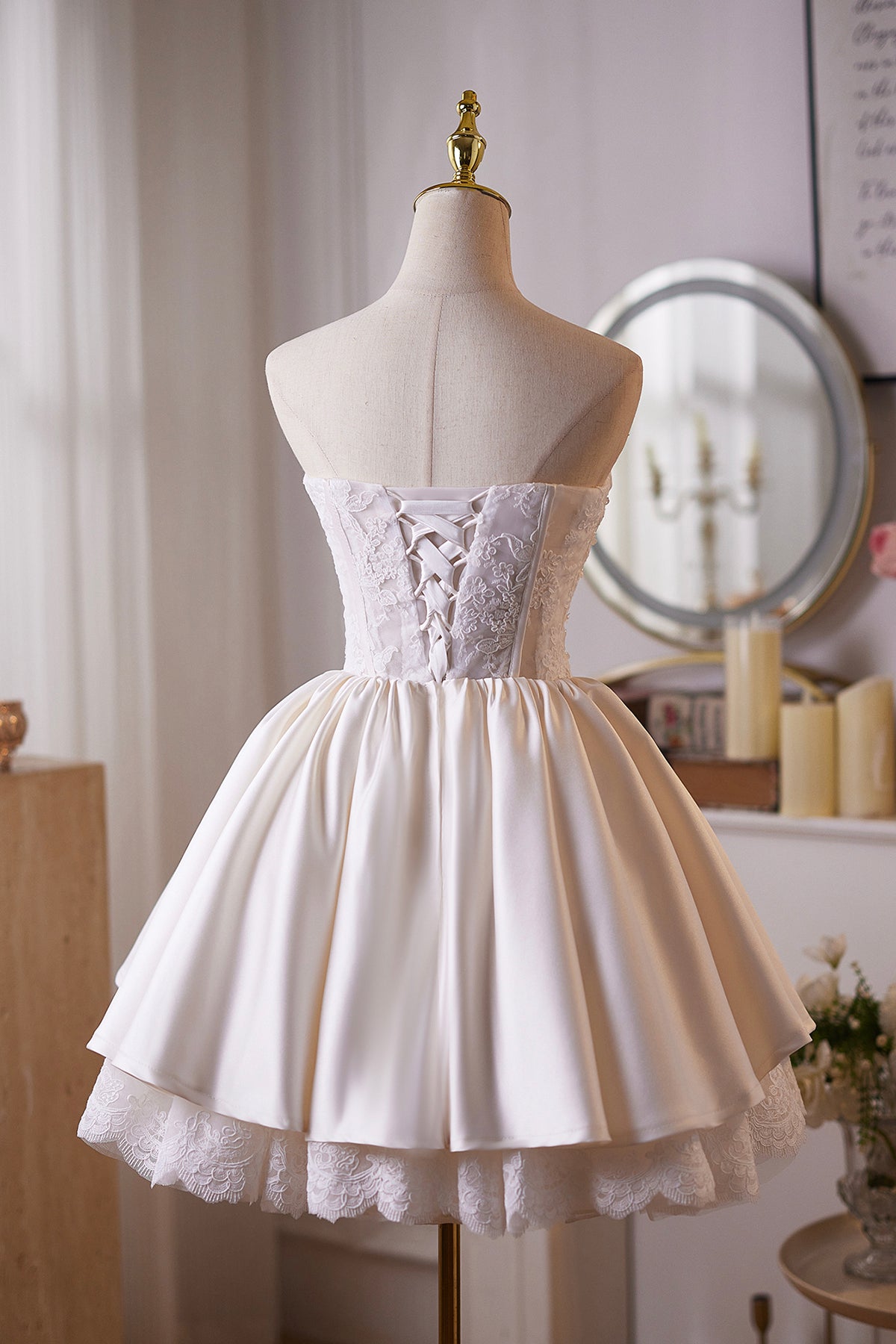 Ivory Satin Lace Sweetheart Mini Party Gown, A-Line Backless Prom Dress