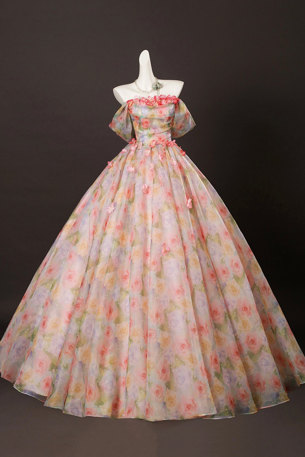 Hand Painted Floral Organza Ball Gown with 3D Rose Appliques