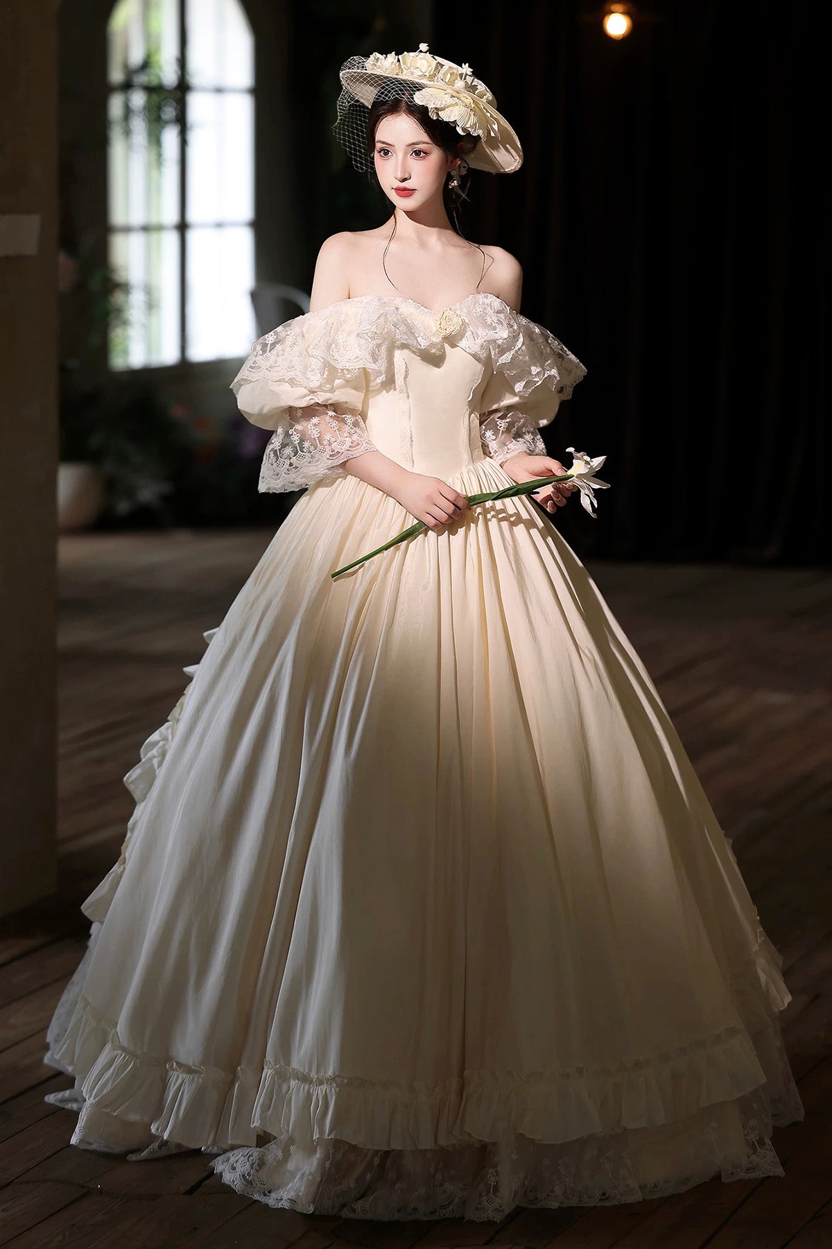 Ivory Tulle Lace Long Prom Dress, Ivory A-Line Evening Party Gown