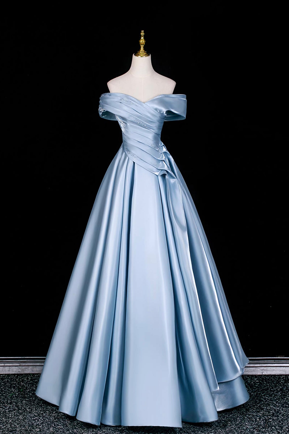 Elegant Light Blue Off-the-Shoulder Satin Ball Gown for Formal Events