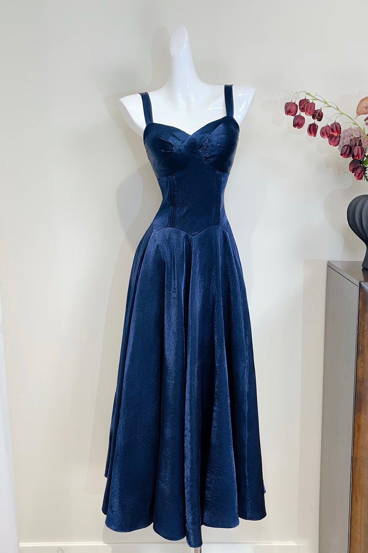 Navy Blue Fine Satin Corset Midi Dress - Spaghetti Strap Party Gown