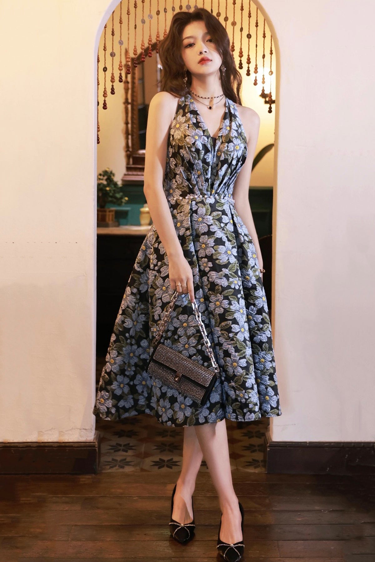 Blue Floral Satin Short Prom Dress, A-Line Backless Evening Party Dress