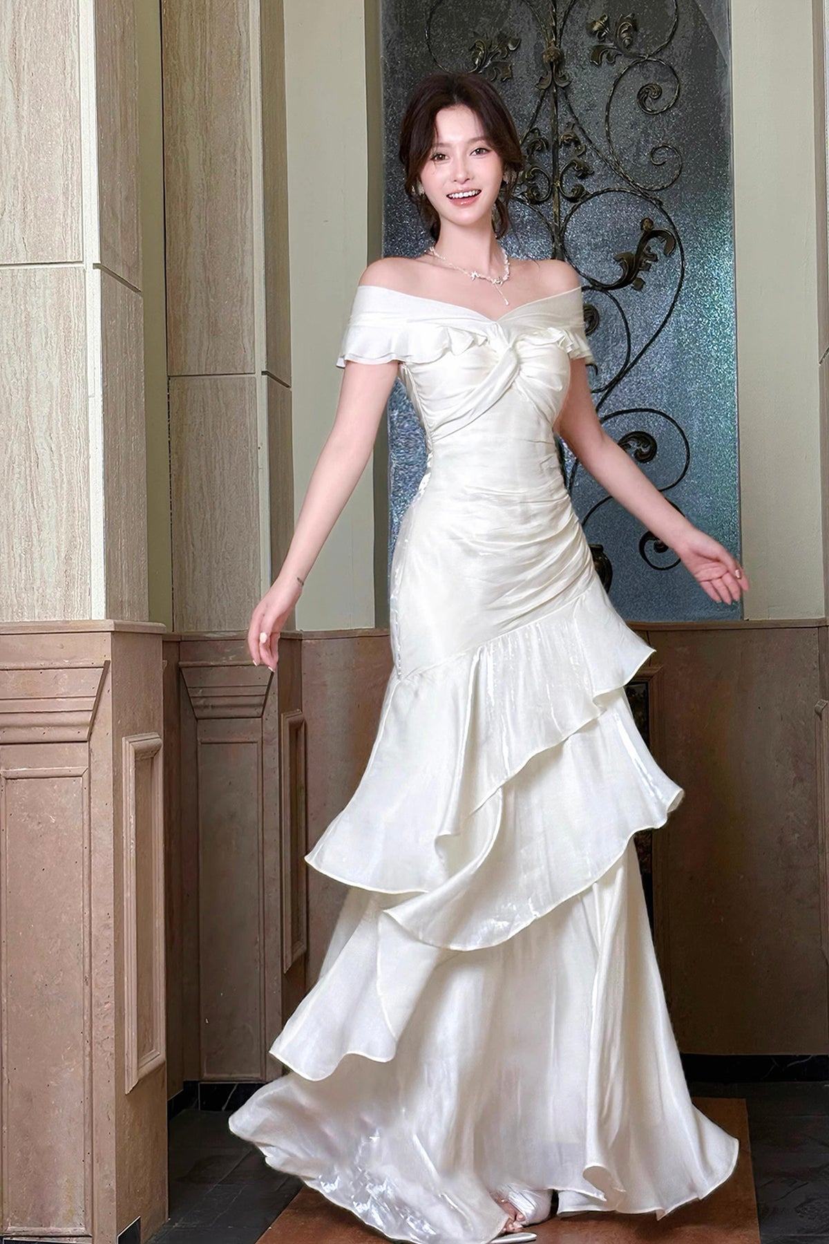 White Off-the-Shoulder Ruffled Mermaid Party Dress with Ruched Bodice
