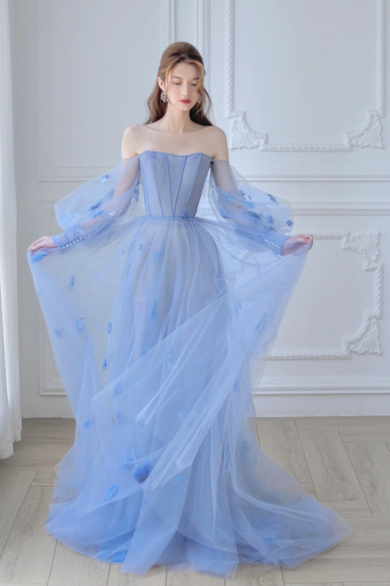 Blue Tulle Long Sleeve Prom Dress, Off the Shoulder Evening Graduation Blue Tulle Long Sleeve Prom Dress, Off the Shoulder Evening Graduation
