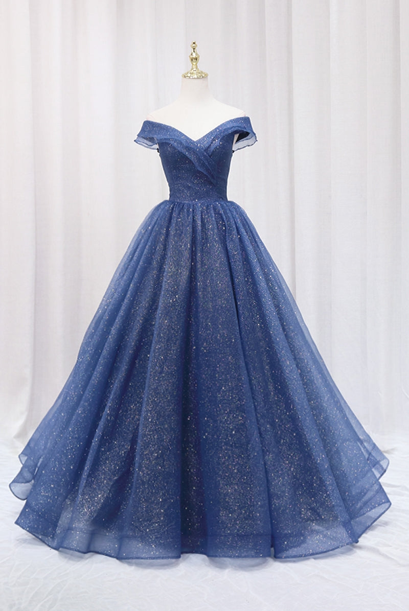Blue Shiny Tulle Off the Shoulder Prom Dress, Blue V-Neck Evening Dres Blue Shiny Tulle Off the Shoulder Prom Dress, Blue V-Neck Evening Dres