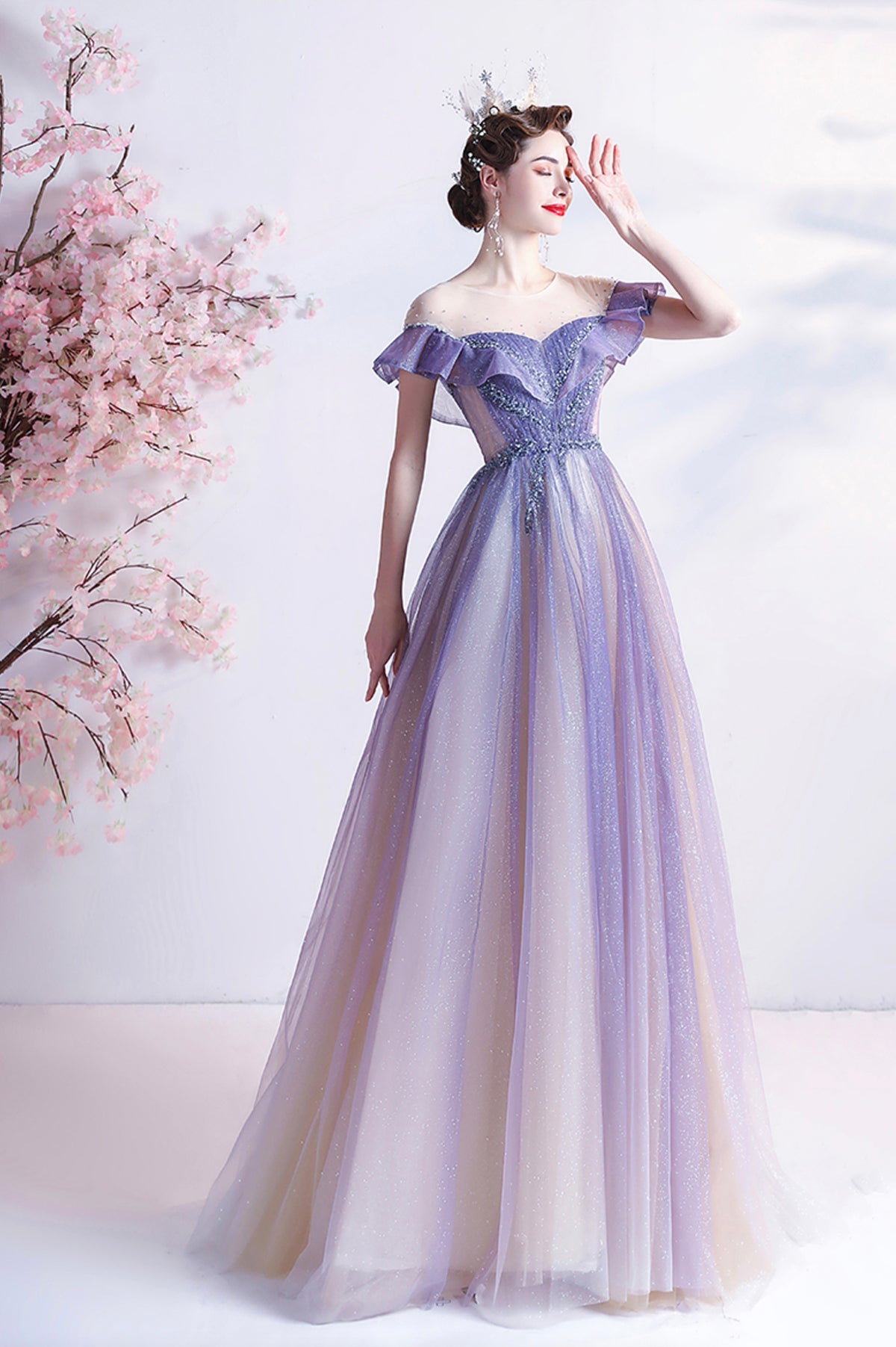 Purple Scoop Neckline Tulle Long Prom Dress, A-Line Formal Evening Dress