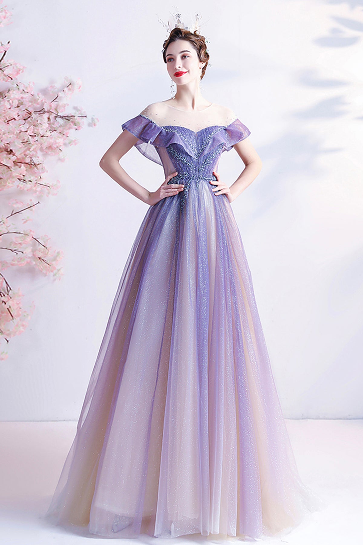 Purple Scoop Neckline Tulle Long Prom Dress, A-Line Formal Evening Dress