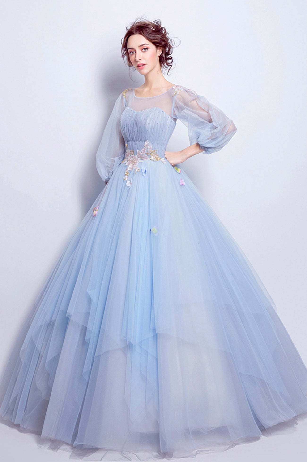 Blue Tulle Long A-Line Prom Dress, Long Sleeve Lace Formal Gown Blue Tulle Long A-Line Prom Dress, Long Sleeve Lace Formal Gown