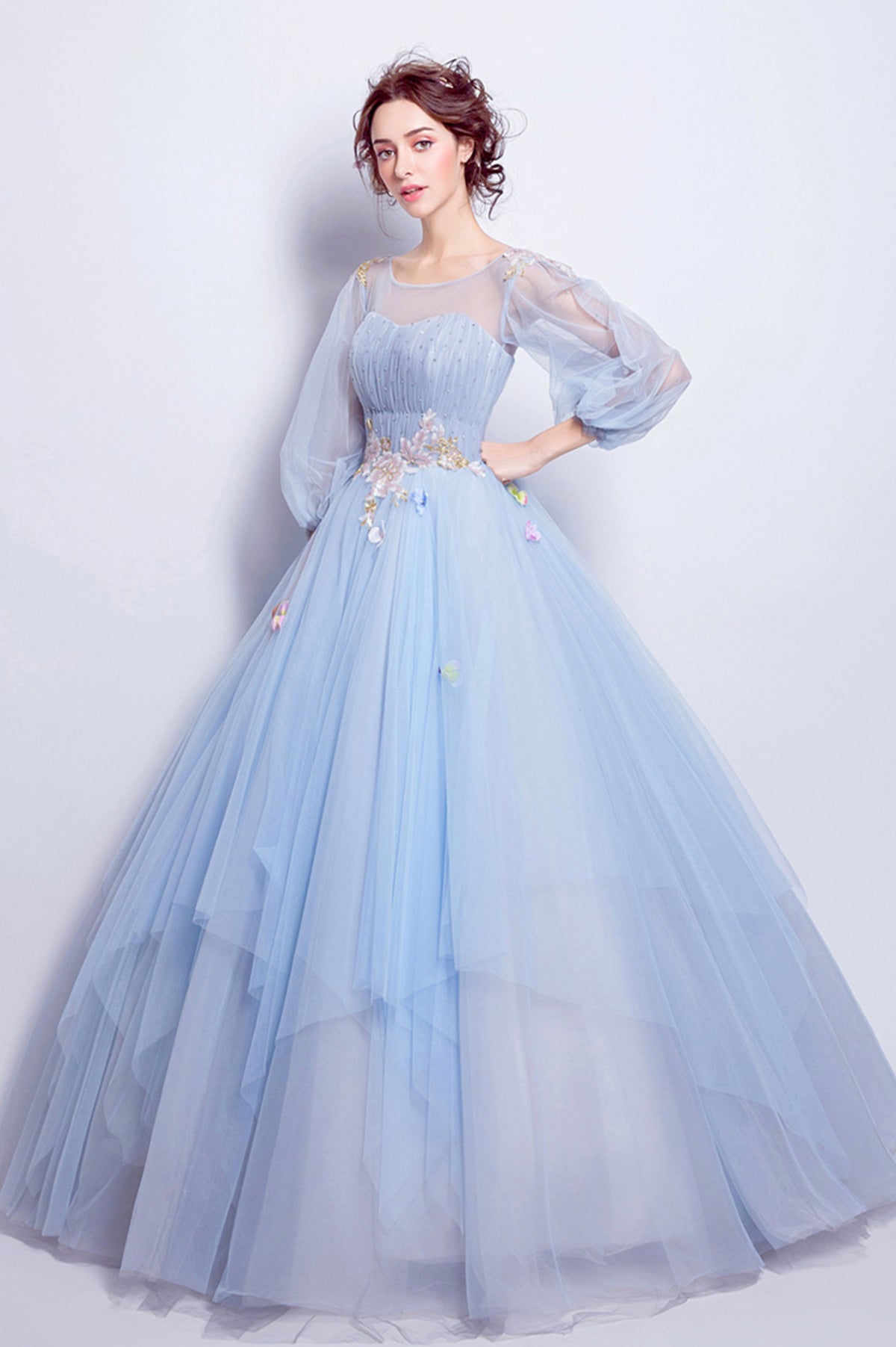 Blue Tulle Long A-Line Prom Dress, Long Sleeve Lace Formal Gown