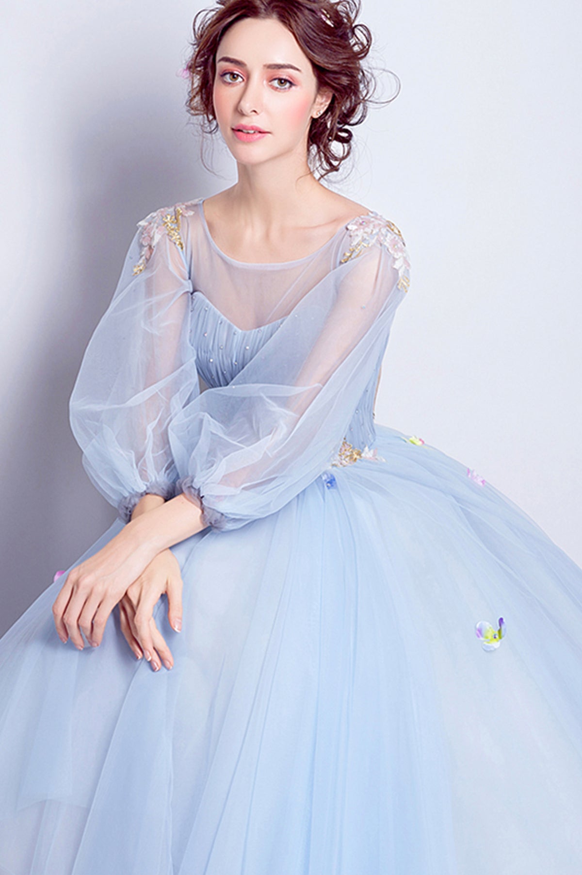 Blue Tulle Long A-Line Prom Dress, Long Sleeve Lace Formal Gown