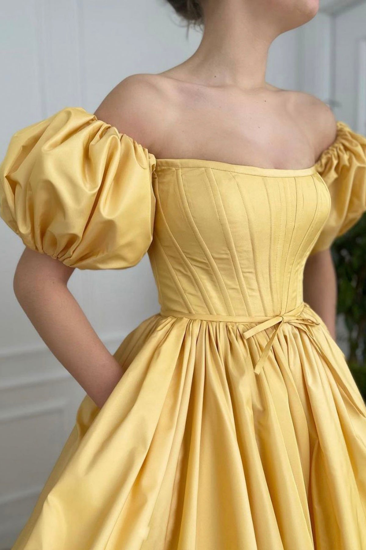 Yellow Satin Long A-Line Prom Dress, Cute Short Sleeve Evening Dress with Slit