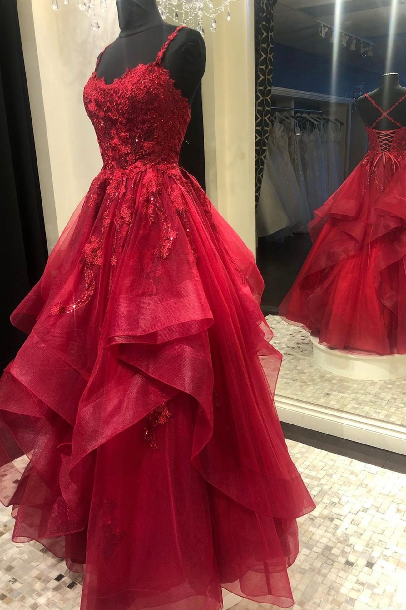 Burgundy Lace Tulle Layers Long Prom Dress, A-Line Evening Party Dress Burgundy Lace Tulle Layers Long Prom Dress, A-Line Evening Party Dress