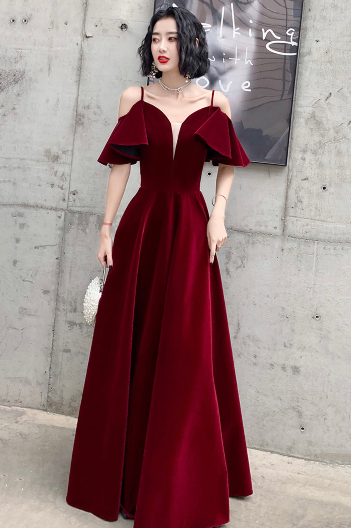 Burgundy Velvet Long A-Line Prom Dress, Simple V-Neck Evening Dress