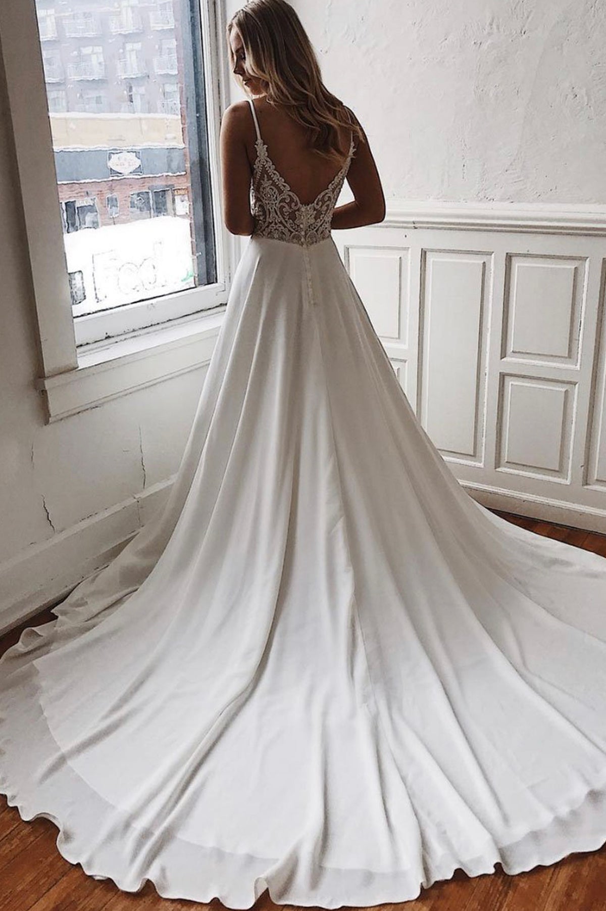White V-Neck Lace Long Prom Dress, Spaghetti Strap A-Line Evening Dress