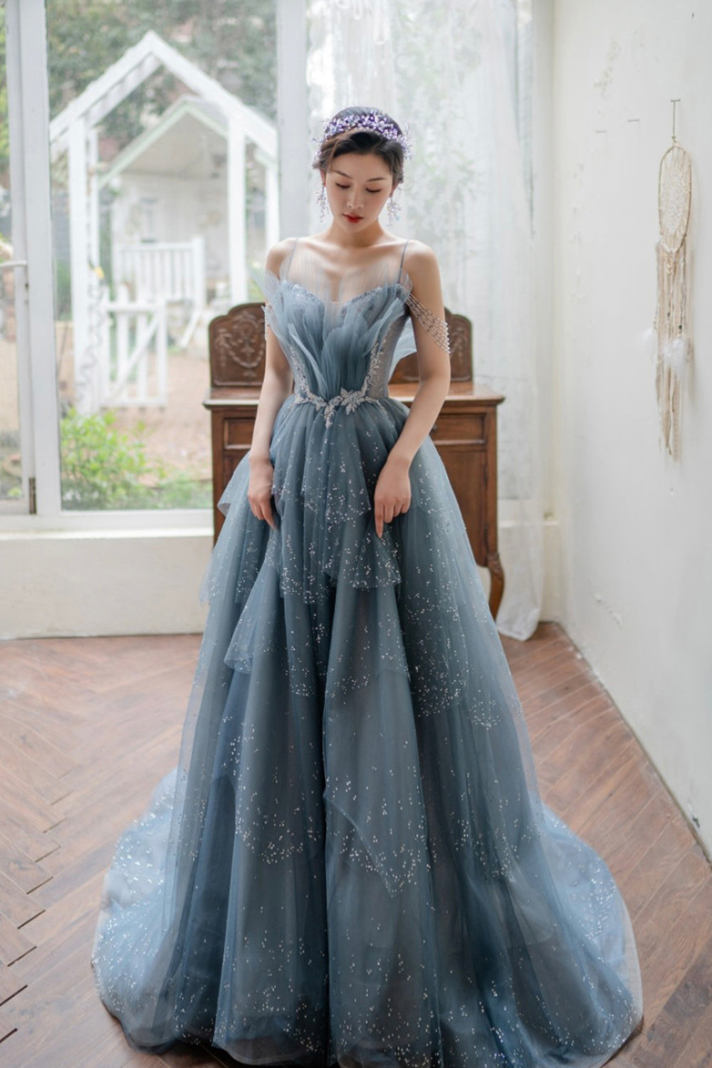 Blue Tulle Beaded Long A-Line Prom Dress, Blue Formal Evening Gown Blue Tulle Beaded Long A-Line Prom Dress, Blue Formal Evening Gown