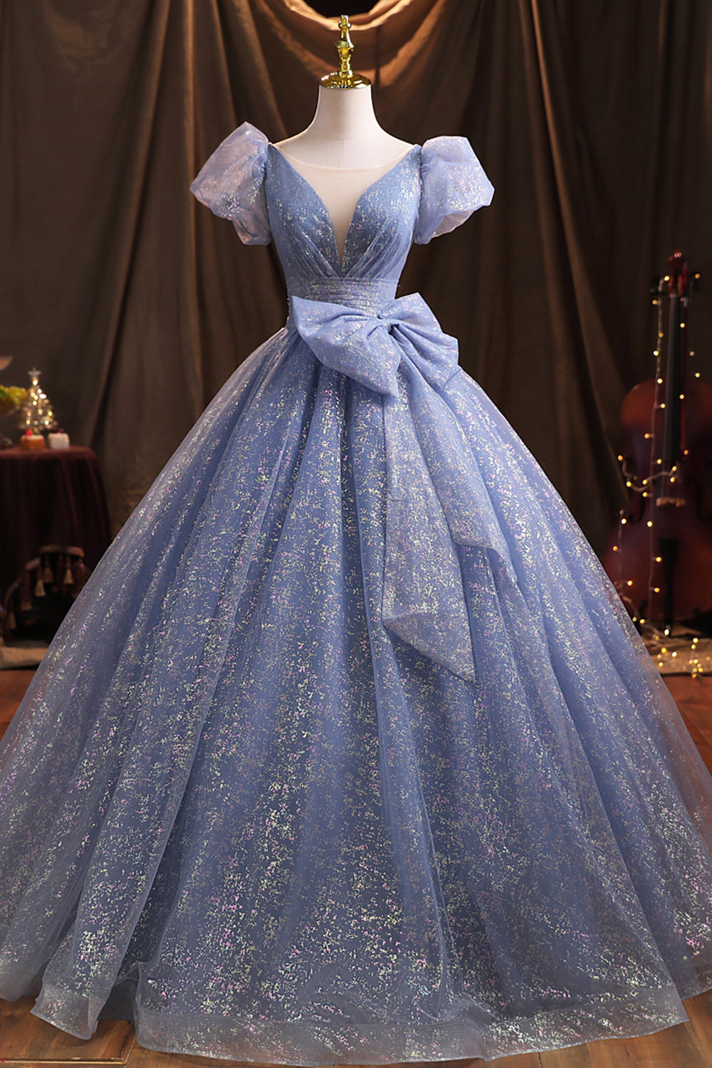 Blue V-Neck Shiny Tulle Long Prom Dress, A-Line Short Sleeve Formal Dr Blue V-Neck Shiny Tulle Long Prom Dress, A-Line Short Sleeve Formal Dr