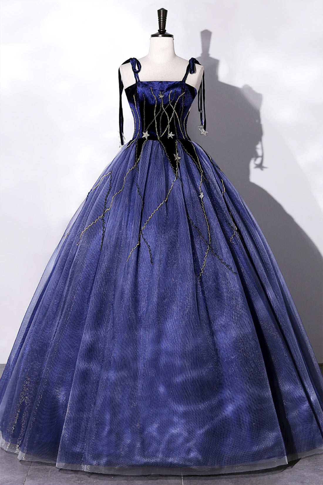 Blue Spaghetti Strap Tulle Long Prom Dress with Star, Blue Evening Par Blue Spaghetti Strap Tulle Long Prom Dress with Star, Blue Evening Par