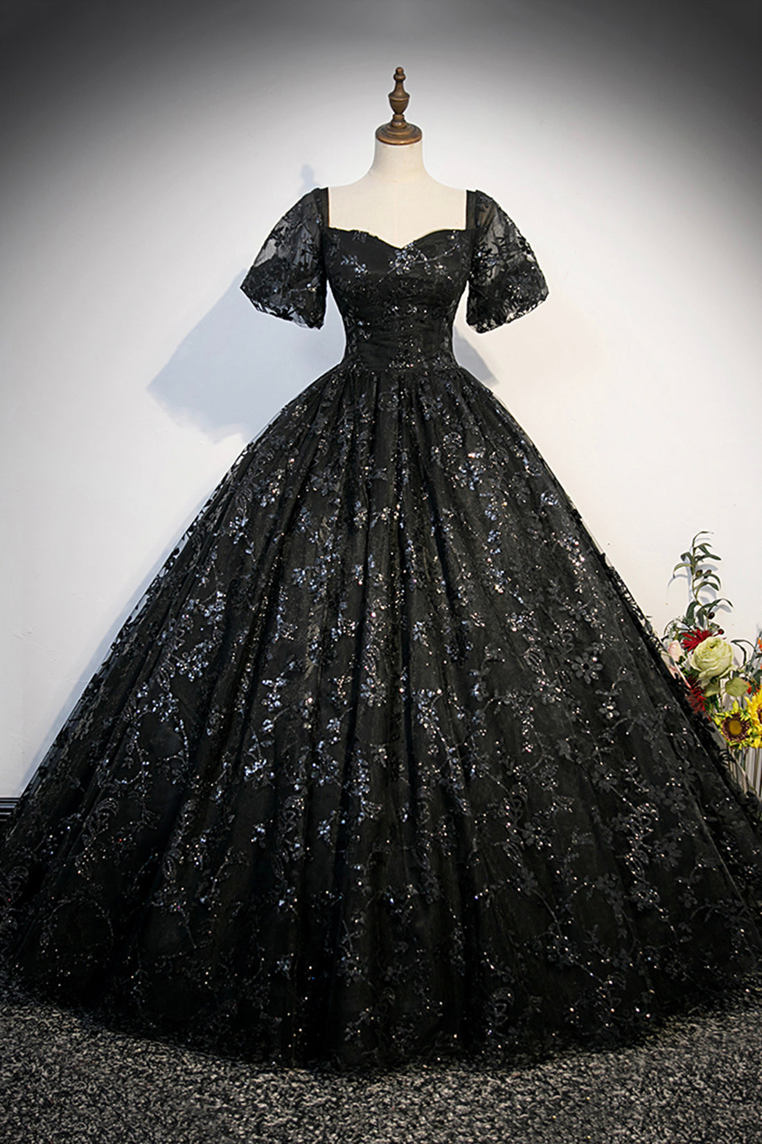 Black Tulle Sequins Long Prom Dress, A-Line Short Sleeve Formal Evenin Black Tulle Sequins Long Prom Dress, A-Line Short Sleeve Formal Evenin