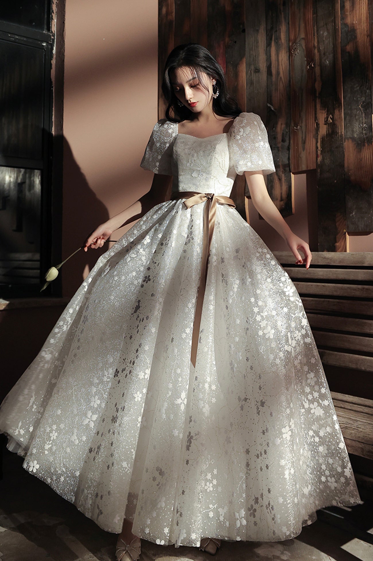 Cute Tulle Long A-Line Prom Dress, White Short Sleeve Evening Party Dr Cute Tulle Long A-Line Prom Dress, White Short Sleeve Evening Party Dr