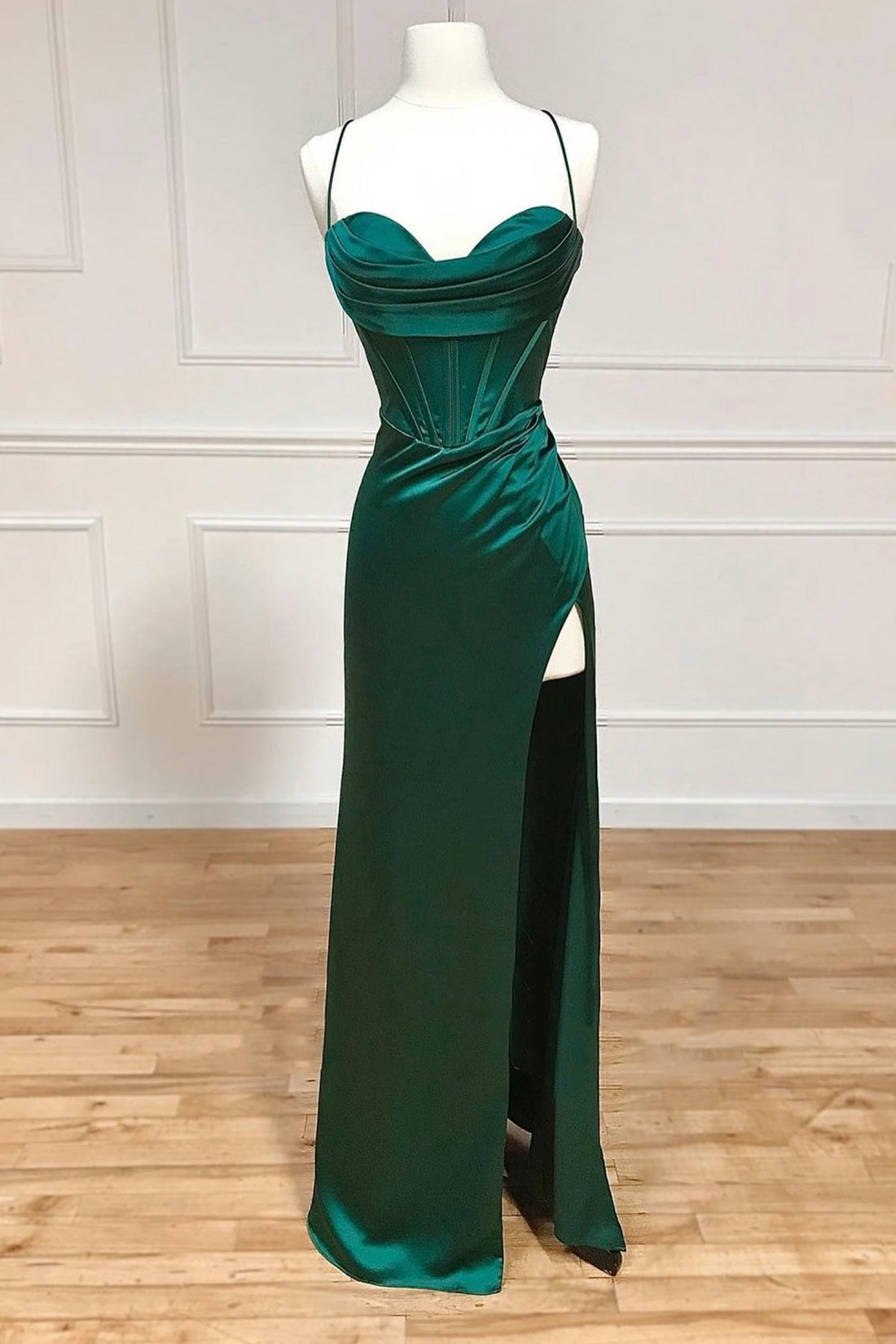 Simple Backless Emerald Green Satin Long Prom Dresses, Long Green