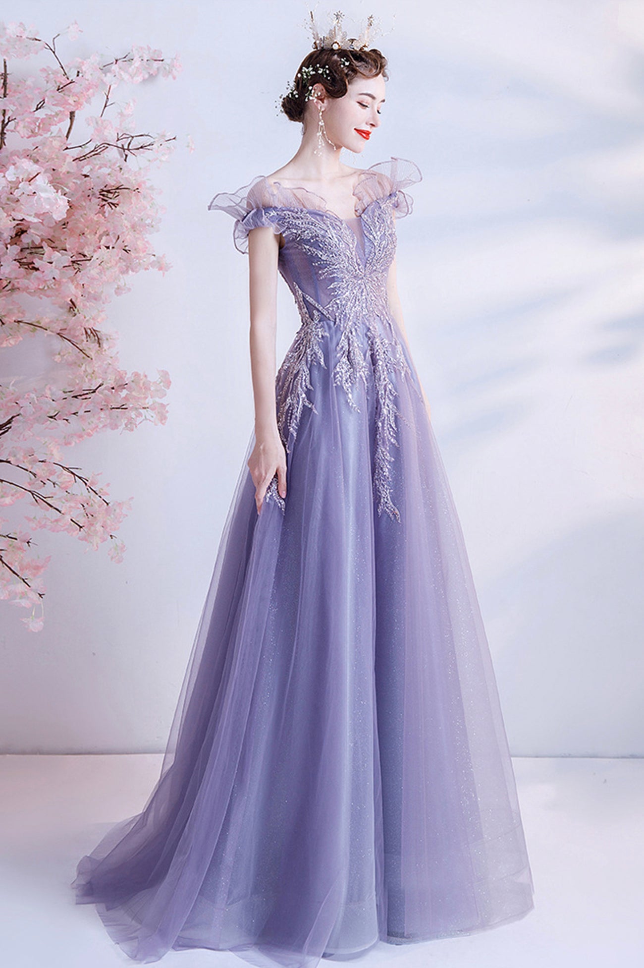 silver plum dress Purple Tulle Long A-Line Prom Dress with Sequins, Off the Shoulder Par