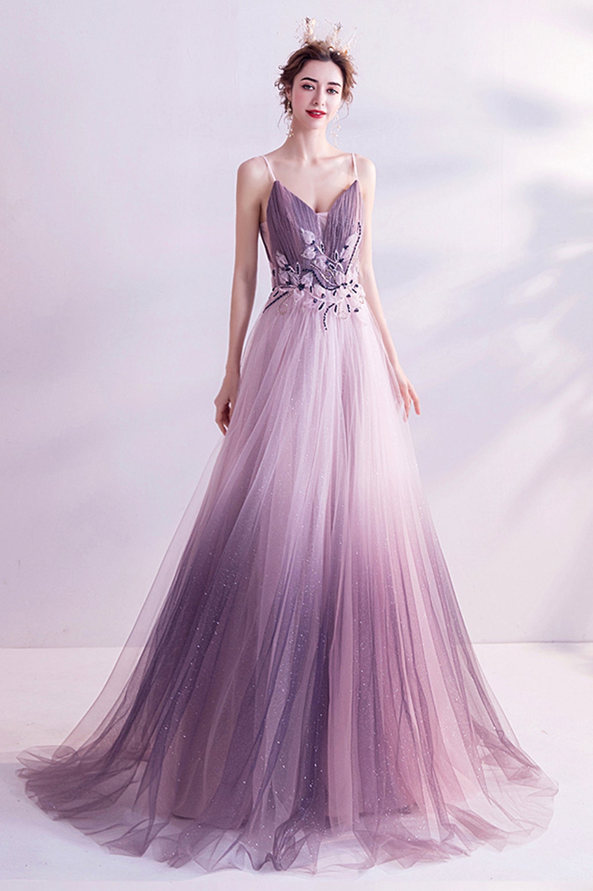Purple V-Neck Gradient Tulle Long Prom Dress, A-Line Evening Party Dress