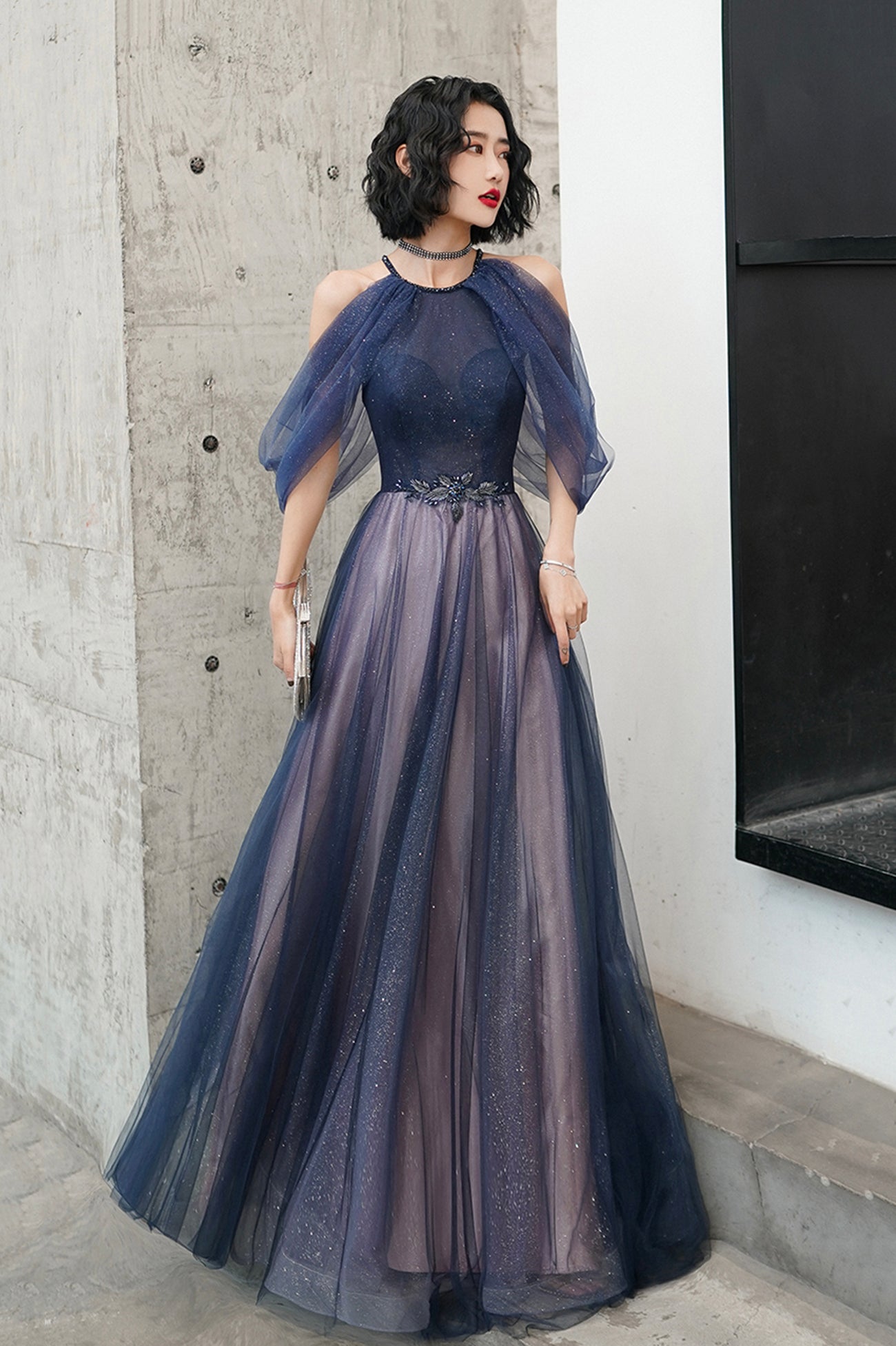 A-Line Square Neckline Gray Blue Long Prom Dress, Lace Formal Evening Dress