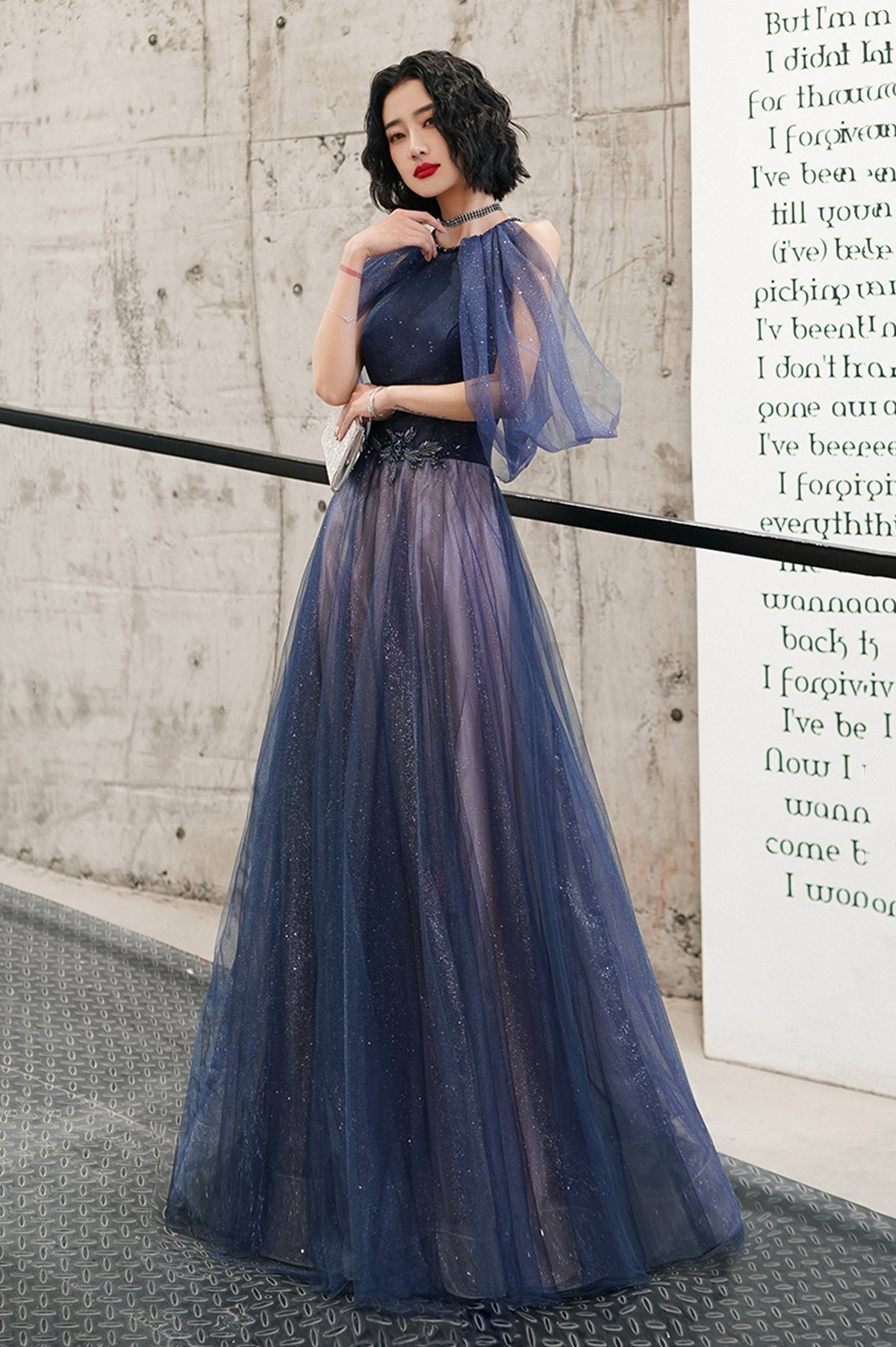 Blue Tulle Long A-Line Prom Dress, Off the Shoulder Evening Graduation Dress