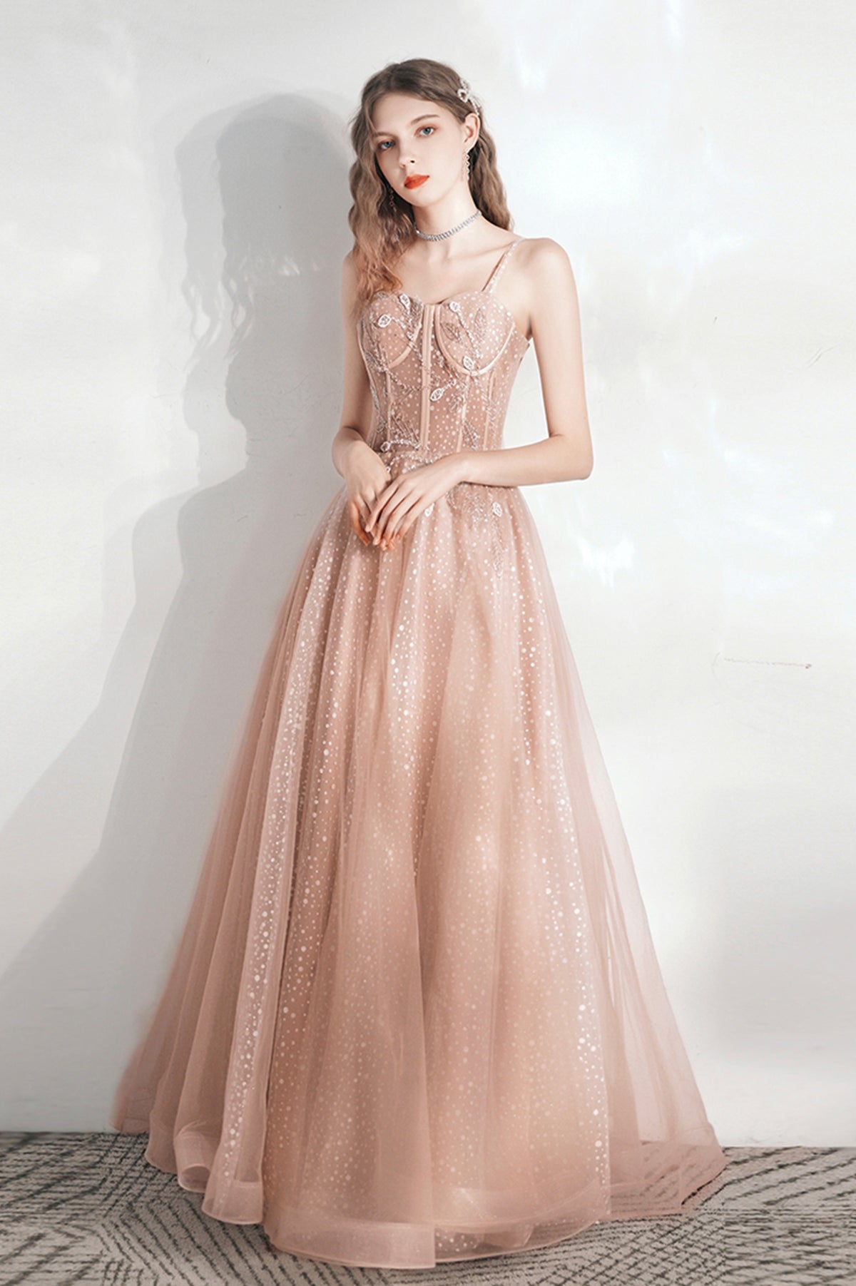 Pink Tulle Long A-Line Evening Party Dress, Cute Pink Prom Dress