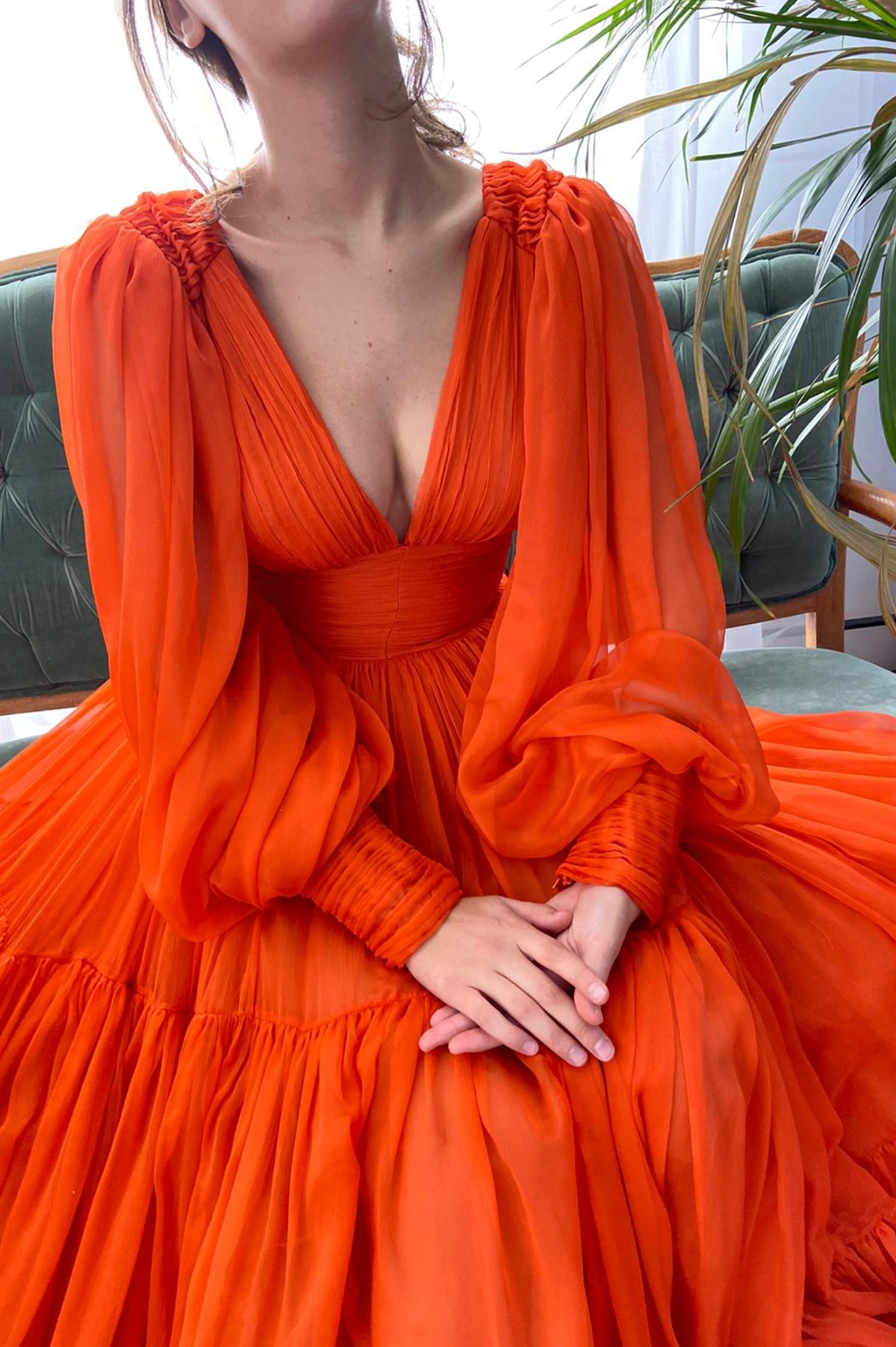 Orange Chiffon Floor Length Prom Dress, Long Sleeve Evening Party Dress