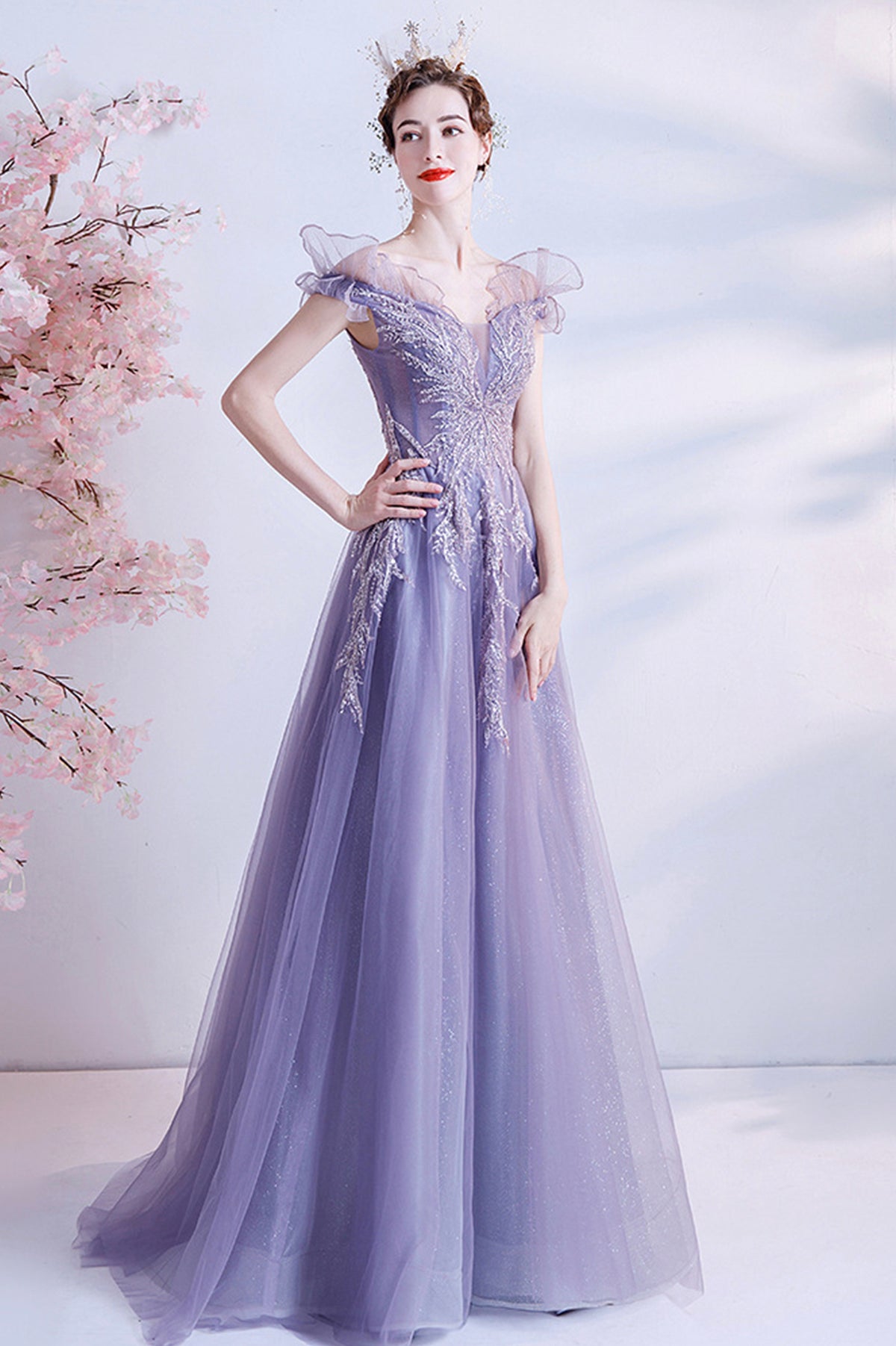 Purple Tulle Long A-Line Prom Dress with Sequins, Off the Shoulder Party Dress
