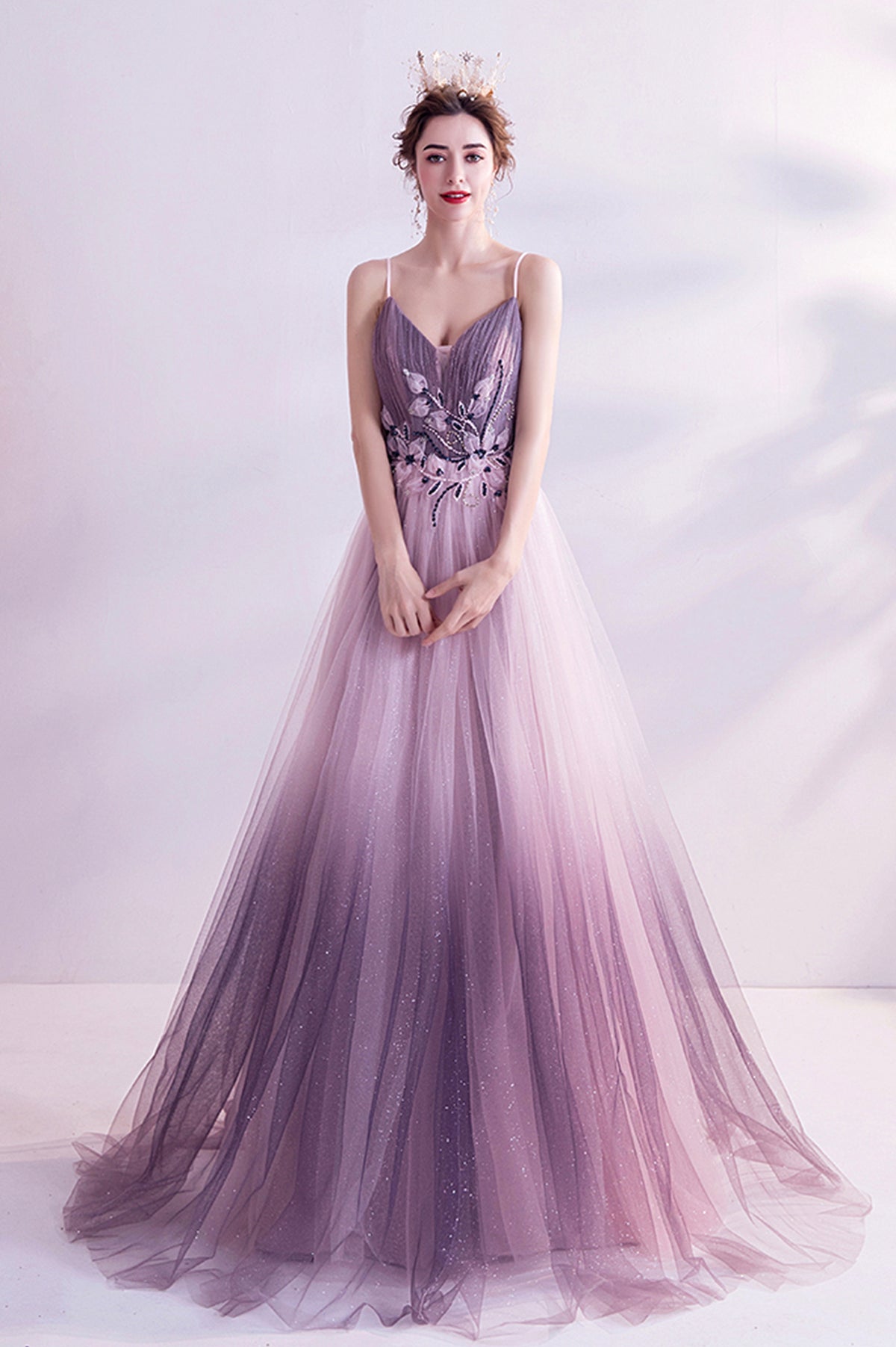 Purple V-Neck Gradient Tulle Long Prom Dress, A-Line Evening Party Dress