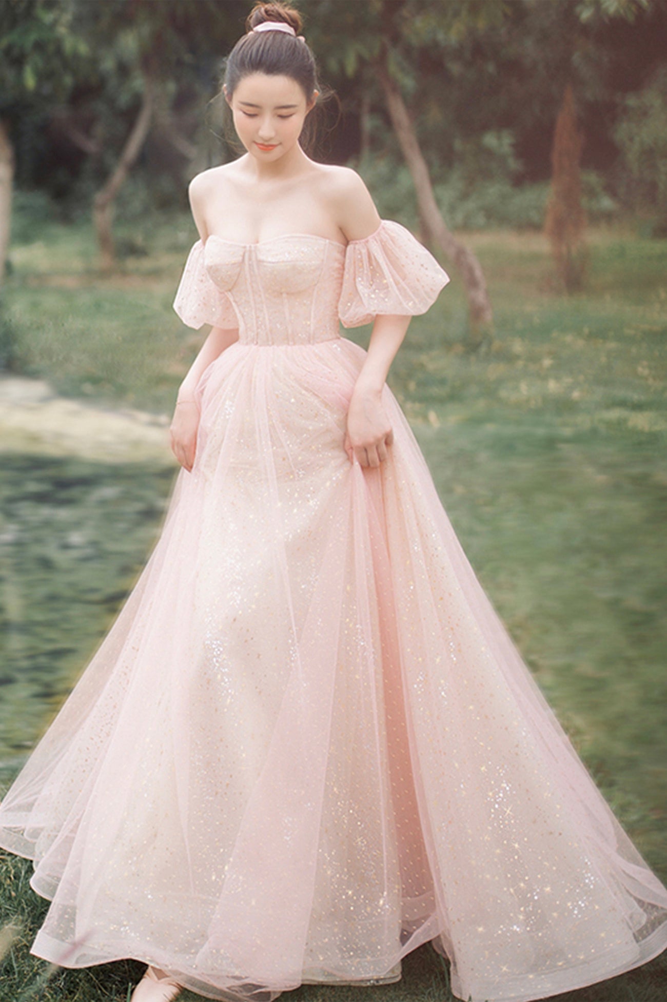 slim fit dress slacks Pink Tulle Off the Shoulder Prom Dress, Cute A-Line Graduation Dress